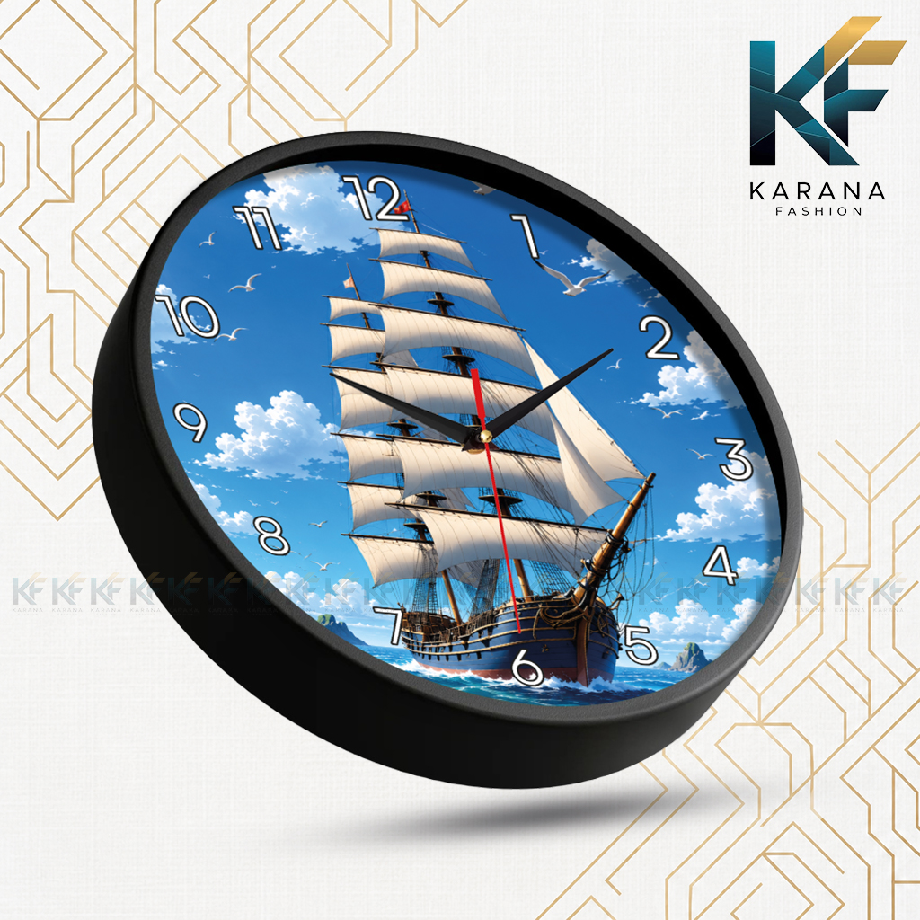 Picture of Karana Fashion KW28 Premium 12-Inch Vintage Sailing Ship Aesthetic Wall Clock - Black
