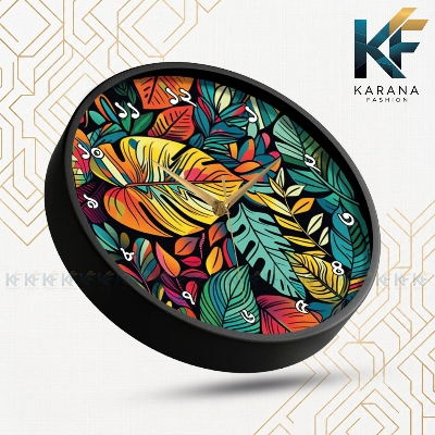 Picture of Karana Fashion (KW-33) 12-Inches Colorful Tropical Botanical Leaf Art Decorative Wall Clock with Bengali Numerals - Black