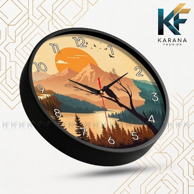 Picture of Karana Fashion (KW-34) 12-Inches Mountain Sunset Nature Landscape Decorative Wall Clock - Black