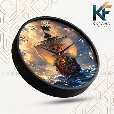 Picture of Karana Fashion (KW-36) 12-Inch One Piece Anime Wall Clock – Thousand Sunny Straw Hat Pirate Ship Decorative Round Wall Clock for Bedroom, Living Room & Kids Room - Black