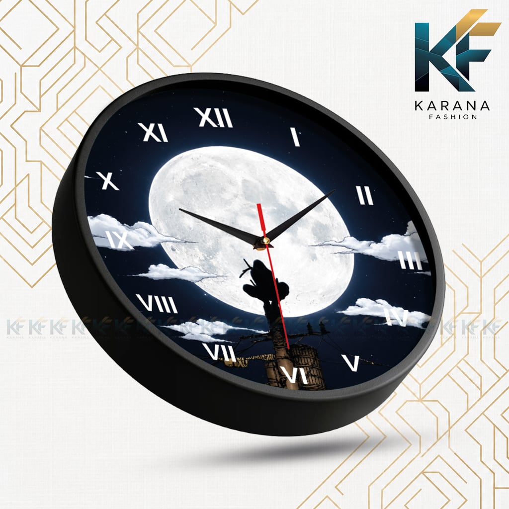 Picture of Karana Fashion (KW-37) 12-Inch Itachi Uchiha Full Moon Anime Wall Clock – Naruto Shinden Silhouette Decorative Round Roman Numeral Wall Clock for Bedroom & Living Room - Black