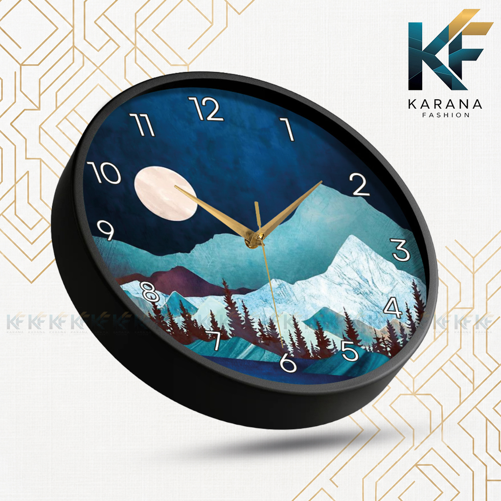 Picture of Karana Fashion (KW-39) 12-Inch Abstract Mountain and Moon Premium Wall Clock - Black