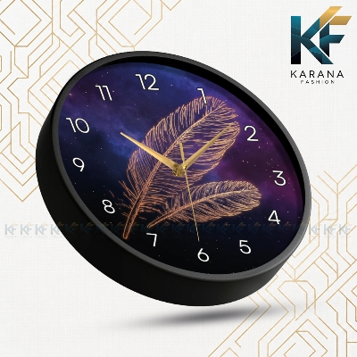 Picture of Karana Fashion (KW-41) 12-Inch Cosmic Golden Feather Premium Wall Clock - Black
