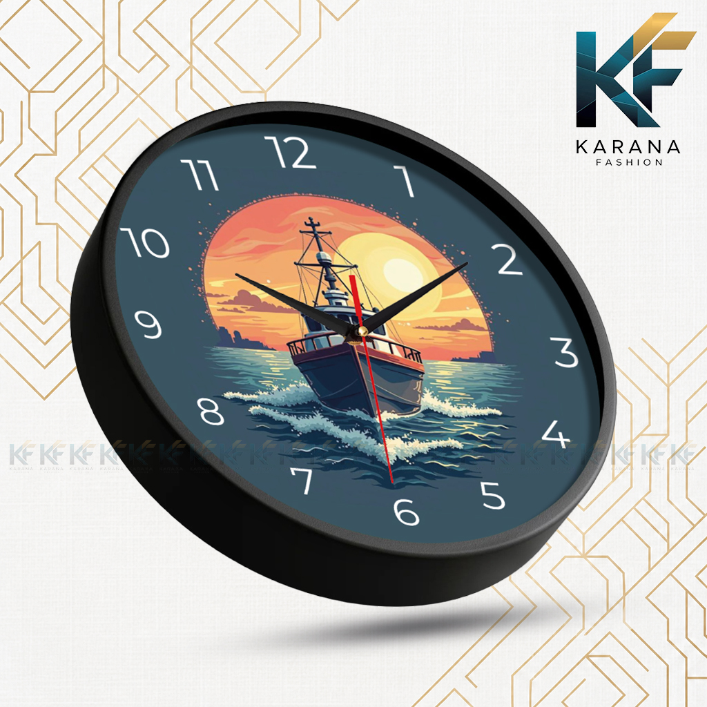Picture of Karana Fashion (KW-46) Premium 12-Inch Decorative Wall Clock - Artistic Ship & Sunset Design for Home and Office - Black