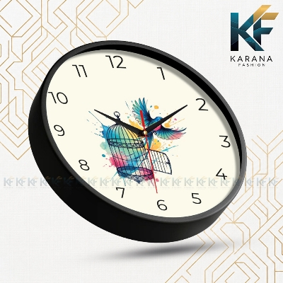 Picture of Karana Fashion (KW-48) Premium 12-Inch Decorative Wall Clock - Artistic Watercolor Bird & Open Cage Design for Home and Office Décor - Black
