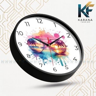 Picture of Karana Fashion (KW-49) Premium 12-Inch Decorative Wall Clock - Vibrant Watercolor Sunglasses & Beach Sunset Design for Home and Office - Black