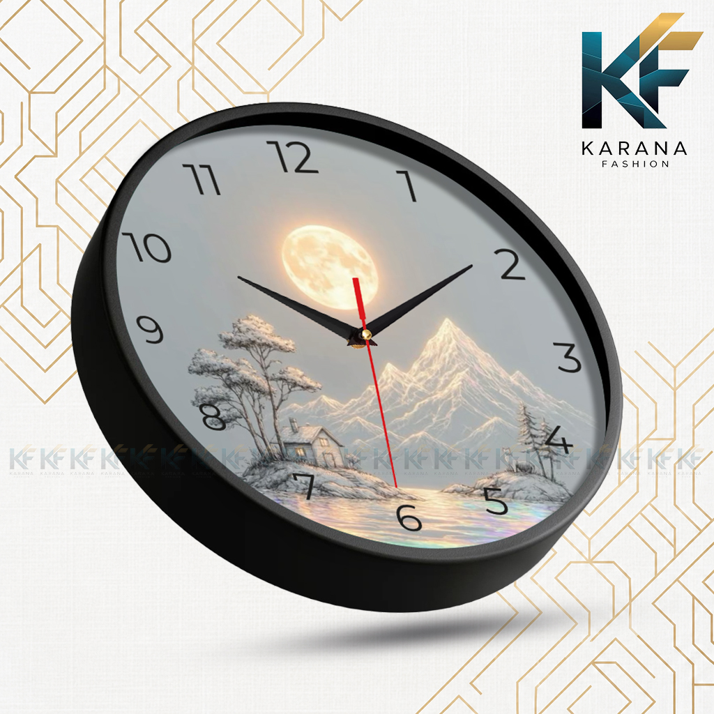 Picture of Karana Fashion (KW-50) Premium 12-Inch Decorative Wall Clock - Serene Full Moon, Mountain, and Lakeside Cabin Design for Home and Office - Black