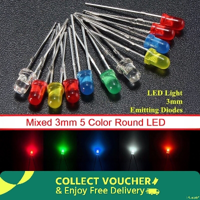 Picture of 50Pcs LED Mixed 3mm 5 Color Red Green Blue Yellow White Round LED Light Emitting Diode Basic Light Bulbs