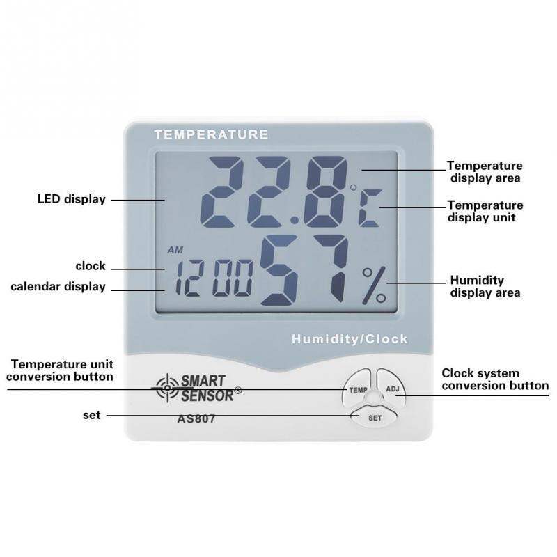 Picture of AS807 Digital Hygrometer Thermometers Humidity Temperature Meter Tester Weather Station With Calendar & Clock Alarm Cables