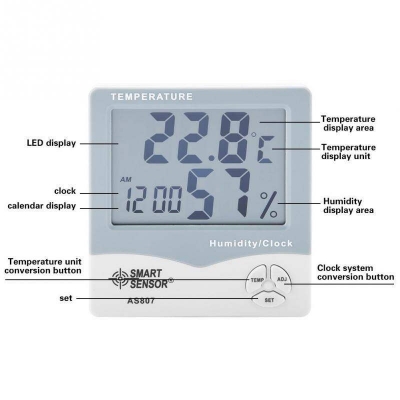Picture of AS807 Digital Hygrometer Thermometers Humidity Temperature Meter Tester Weather Station With Calendar & Clock Alarm Cables