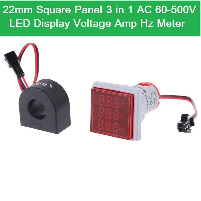 Picture of Panel Mount 22mm Square Panel 3 in 1 AC 60-500V 0-100A 20-75Hz LED Digital Display Voltage Volt Current Ampere Amp Frequency Hertz Hz Meter Indicator Light Color Any