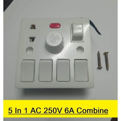 Picture of Universal 5 In 1 AC 250V 6A Combine 4 Pcs Gang Switch Fan Dimmer Regulator 2 Pin Socket LED Indicator Kit Kat Fuse Combine Wall Switch Box Socket