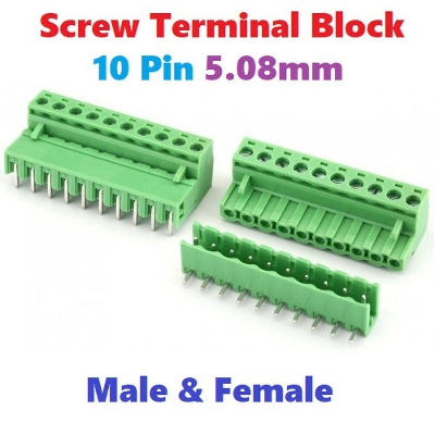 Picture of 10Pin RIGHT Angle GREEN Color MALE & FEMALE Screws Terminal Block 10 Pin 5.08mm Pitch Male Female Plug-In L Type Plug & Socket For Electronics Cables Connectors