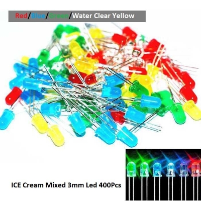 Picture of 400Pcs-Ice Cream Mixed  Water Clear Yellow/Blue/Green/Red 3mm Ice Cream LED Ultra Bright  For Electronics Project