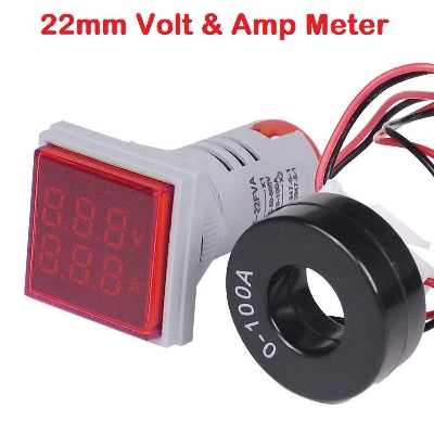 Picture of 2 In 1 VOLT AMP Meter Panel Mount 22mm Square Panel 2 in 1 AC 50-500V 0-100A LED Digital Display Voltage Volt Current Ampere Amp Meter Indicator Light Powerpoints Switches & Savers