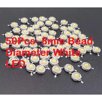 Picture of 50Pcs- 8mm Bead Diameter WHITE Color 3 Watt DC 3.1V 3.7V Ultra Bright White 3W COB LED SMD Chip 3.7V DIY LED Light Bulbs