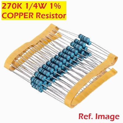 Picture of 50Pcs- Tolerance 1% 270K Ohm COPPER Resistor 270k Ohm Carbon Film Resistor 270k Ohm 1/4W Resistance 0.25 Watt Fixed Resistors Passive Components Parts 2 Pin Leads