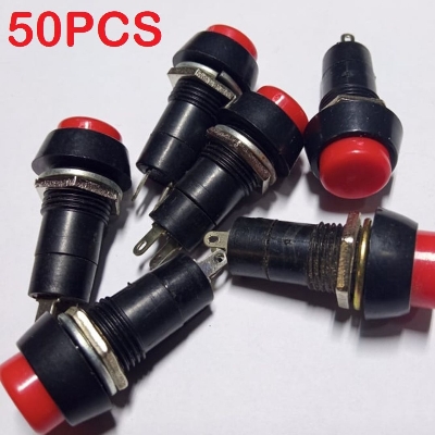 Picture of 50Pcs- Click Switch PBS-11 SELF-LOCK AC 250V 3A 2 Pin Leads On Off SPST RED CAP Self-Locking Plastic Push Button Switch Latching Switches