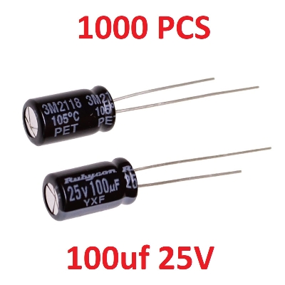 Picture of 1000Pcs- RADIAL 100uF 25V Electrolytic Capacitors 100uF 25V Radial Polarized Aluminum Electrolytic Capacitor THT Electrolytic Radial Capacitors 2 Pin Leads