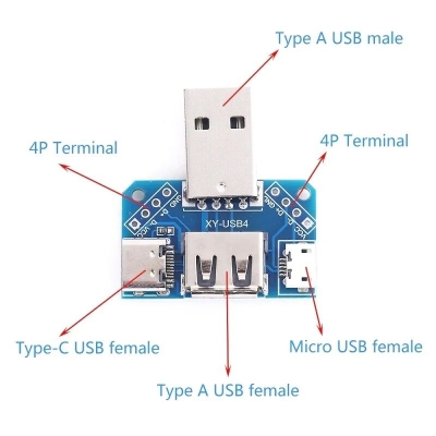 Picture of XY-USB4 USB Adapter Board Male To Female Micro Type-C 4P 2.54mm USB4 Module Converter 4 In 1 USB Adapters Board 5V USB Male To Female Distribution Board Head USB Male To Type C To Micro USB To 2.54mm 4P USB Converter Adapters