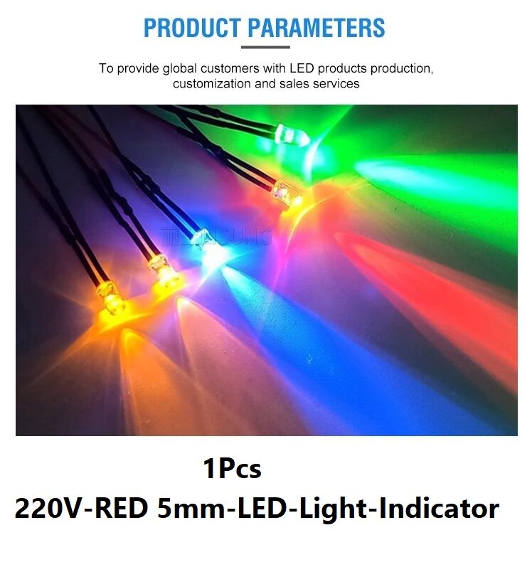 Picture of 220V RED 5mm LED Light Indicator 110-220V 5mm Welding Line Indicator Signal LED Light Emitting Diodes 5mm Red LED Light Bulbs 220V Indicator With Cables