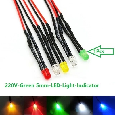 Picture of 220V GREEN 5mm LED Light Indicator 110-220V 5mm Welding Line Indicator Signal LED Light Emitting Diodes 5mm Green LED Light Bulbs 220V Indicator With Cables