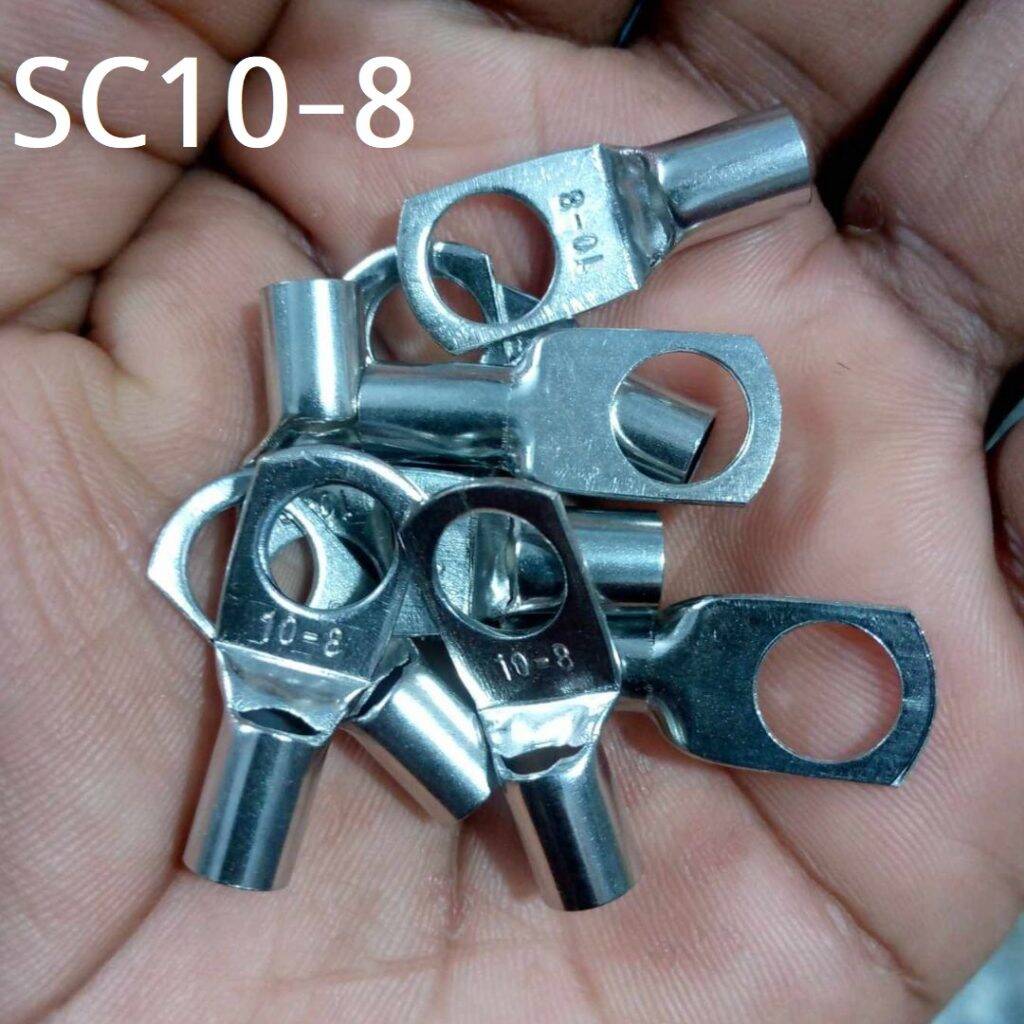 Picture of 5Pcs - Tin Plated Copper SC10-8 8mm Bolt 10mm2 Cable 7AWG Lug Connector SC10-8 Ring Connectors SC10-8 Battery Terminal Connector Silver Tone Lug Cable Ends Eyelets Crimp SC10-8 Lug Connector