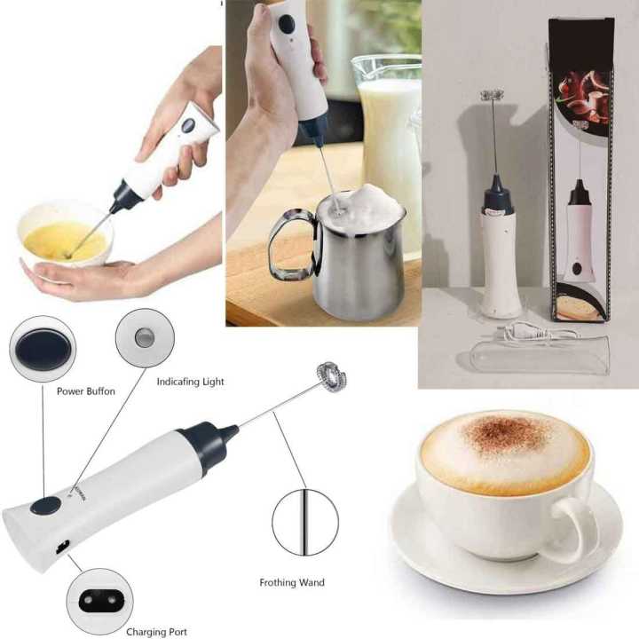 Picture of Handheld Electric Coffee Frother Milk Foamer | Automatic Milk, Coffee & Juice Mixer | Mini Egg Beater with Protective Cover | Portable Stainless Steel Whisk - White