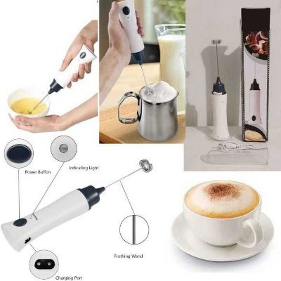 Picture of Handheld Electric Coffee Frother Milk Foamer | Automatic Milk, Coffee & Juice Mixer | Mini Egg Beater with Protective Cover | Portable Stainless Steel Whisk - White