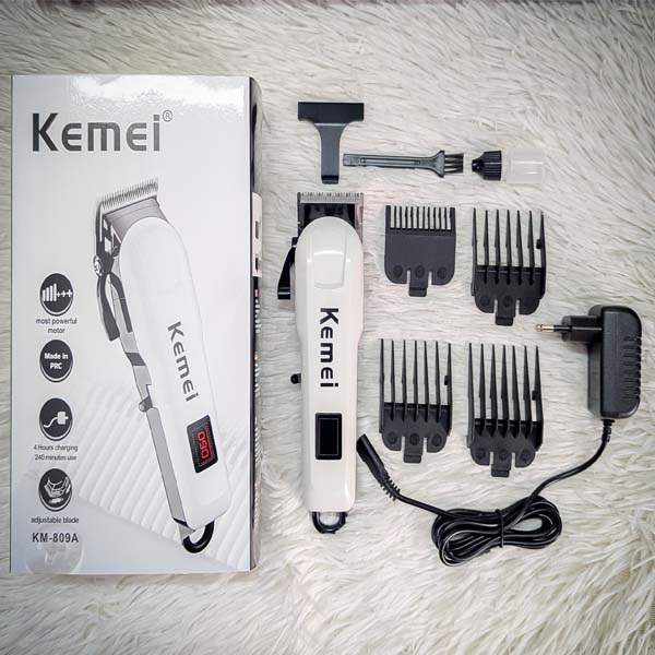 Picture of Kemei KM-809A Digital Professional Hair Clipper & Beard Trimmer | AC/DC Rechargeable Cordless Hair Cutting Machine with LCD Display White