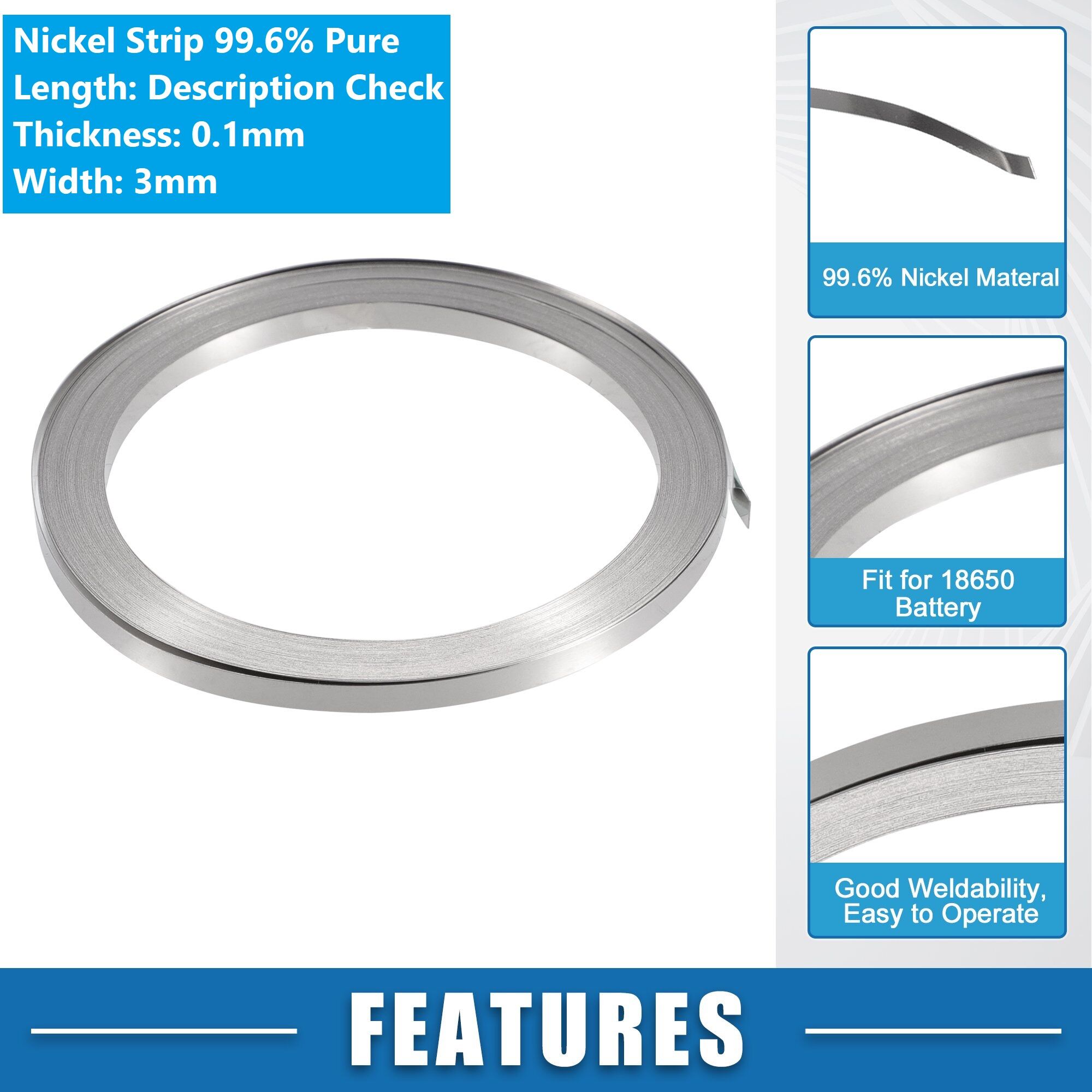 Picture of 5 Feet Long - Pure Nickel Strip 99.6% Pure Nickel Strip 0.1mm Thick 3mm Width Ni Plate Tape Nickel Sheet 3mm Nickel Strip For 18650 Battery AAA AA Battery Spot Welding Battery Nickel Strip