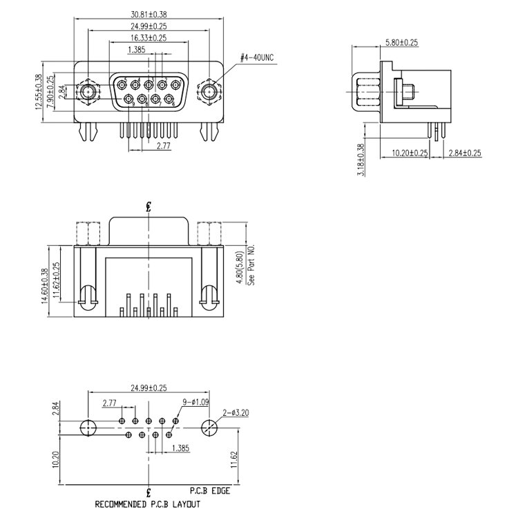 Picture of FEMALE 90 Degree DB9 Female Connector For Cables DB9 PCB Right Angle 5.08mm Type D Sub Connector Female DB9 2 Row 9 Pin Female VGA DB9 Connector DB9 RS232 Connector