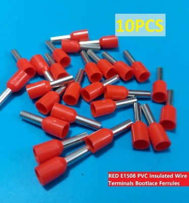 Picture of 10PCS-RED E1508 PVC Insulated Wire Terminals Bootlace Ferrules For 1.5mm2 16 AWG Wire 8mm of Pin Length 1.5 RM Cables E1508 Copper AWG 16 Wire Crimp Insulated Cord Pin End Ferrules Terminal