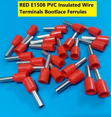 Picture of 10PCS-RED E1508 PVC Insulated Wire Terminals Bootlace Ferrules For 1.5mm2 16 AWG Wire 8mm of Pin Length 1.5 RM Cables E1508 Copper AWG 16 Wire Crimp Insulated Cord Pin End Ferrules Terminal
