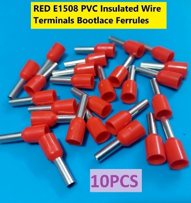 Picture of 10PCS-RED E1508 PVC Insulated Wire Terminals Bootlace Ferrules For 1.5mm2 16 AWG Wire 8mm of Pin Length 1.5 RM Cables E1508 Copper AWG 16 Wire Crimp Insulated Cord Pin End Ferrules Terminal