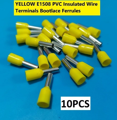 Picture of 10PCS-YELLOW E1508 PVC Insulated Wire Terminals Bootlace Ferrules For 1.5mm2 16 AWG Wire 8mm of Pin Length 1.5 RM Cables E1508 Copper AWG 16 Wire Crimp Insulated Cord Pin End Ferrules Terminal
