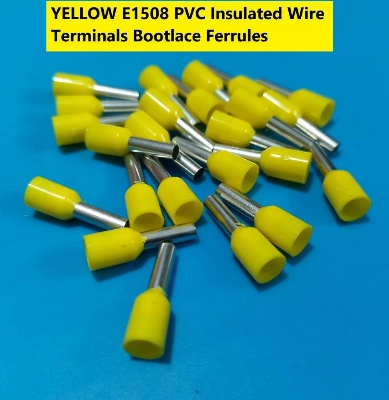 Picture of 10PCS-YELLOW E1508 PVC Insulated Wire Terminals Bootlace Ferrules For 1.5mm2 16 AWG Wire 8mm of Pin Length 1.5 RM Cables E1508 Copper AWG 16 Wire Crimp Insulated Cord Pin End Ferrules Terminal