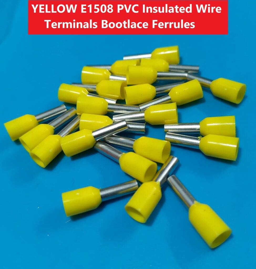 Picture of 10PCS-YELLOW E1508 PVC Insulated Wire Terminals Bootlace Ferrules For 1.5mm2 16 AWG Wire 8mm of Pin Length 1.5 RM Cables E1508 Copper AWG 16 Wire Crimp Insulated Cord Pin End Ferrules Terminal