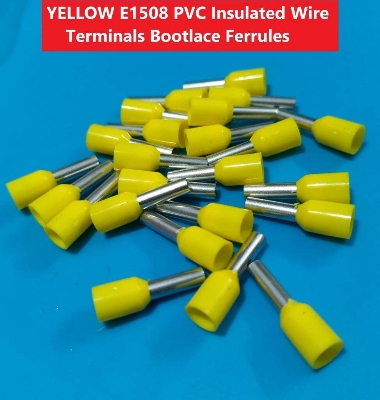 Picture of 10PCS-YELLOW E1508 PVC Insulated Wire Terminals Bootlace Ferrules For 1.5mm2 16 AWG Wire 8mm of Pin Length 1.5 RM Cables E1508 Copper AWG 16 Wire Crimp Insulated Cord Pin End Ferrules Terminal