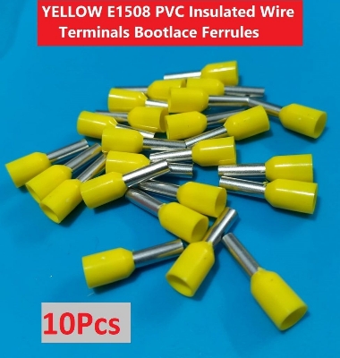 Picture of 10PCS-YELLOW E1508 PVC Insulated Wire Terminals Bootlace Ferrules For 1.5mm2 16 AWG Wire 8mm of Pin Length 1.5 RM Cables E1508 Copper AWG 16 Wire Crimp Insulated Cord Pin End Ferrules Terminal