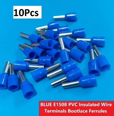 Picture of 10PCS-BLUE E1508 PVC Insulated Wire Terminals Bootlace Ferrules For 1.5mm2 16 AWG Wire 8mm of Pin Length 1.5 RM Cables E1508 Copper AWG 16 Wire Crimp Insulated Cord Pin End Ferrules Terminal