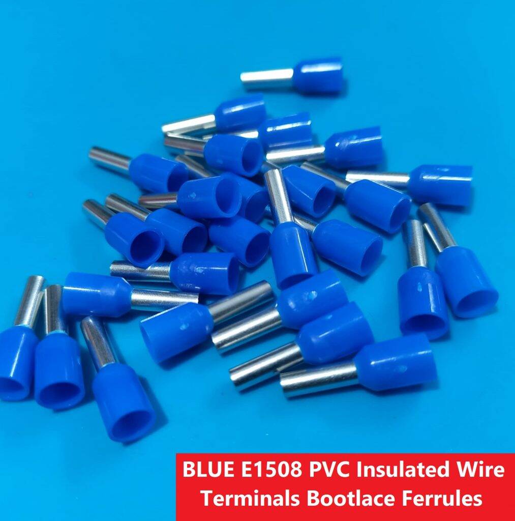 Picture of 10PCS-BLUE E1508 PVC Insulated Wire Terminals Bootlace Ferrules For 1.5mm2 16 AWG Wire 8mm of Pin Length 1.5 RM Cables E1508 Copper AWG 16 Wire Crimp Insulated Cord Pin End Ferrules Terminal