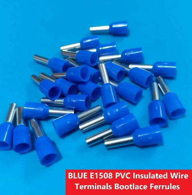 Picture of 10PCS-BLUE E1508 PVC Insulated Wire Terminals Bootlace Ferrules For 1.5mm2 16 AWG Wire 8mm of Pin Length 1.5 RM Cables E1508 Copper AWG 16 Wire Crimp Insulated Cord Pin End Ferrules Terminal