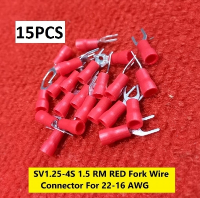 Picture of 15PCS-SV1.25-4S 1.5 RM RED Insulated Fork Wire Connector Terminal For 22-16 AWG Wire 1.25-4S U-Type Crimp Insulated Fork Spade Terminals Quick Splice Wire Battery Cable Ends Cables Connectors