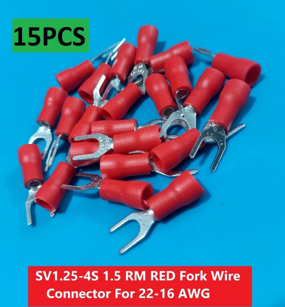 Picture of 15PCS-SV1.25-4S 1.5 RM RED Insulated Fork Wire Connector Terminal For 22-16 AWG Wire 1.25-4S U-Type Crimp Insulated Fork Spade Terminals Quick Splice Wire Battery Cable Ends Cables Connectors
