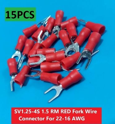 Picture of 15PCS-SV1.25-4S 1.5 RM RED Insulated Fork Wire Connector Terminal For 22-16 AWG Wire 1.25-4S U-Type Crimp Insulated Fork Spade Terminals Quick Splice Wire Battery Cable Ends Cables Connectors