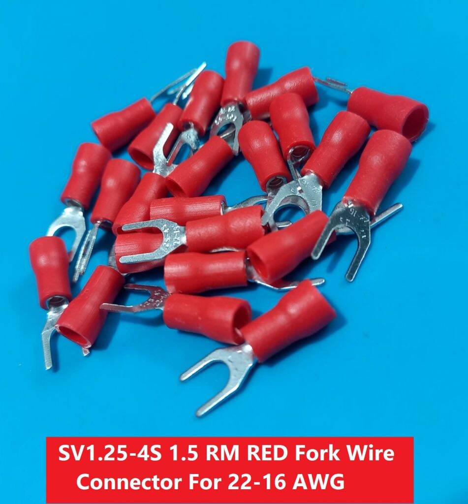 Picture of 15PCS-SV1.25-4S 1.5 RM RED Insulated Fork Wire Connector Terminal For 22-16 AWG Wire 1.25-4S U-Type Crimp Insulated Fork Spade Terminals Quick Splice Wire Battery Cable Ends Cables Connectors