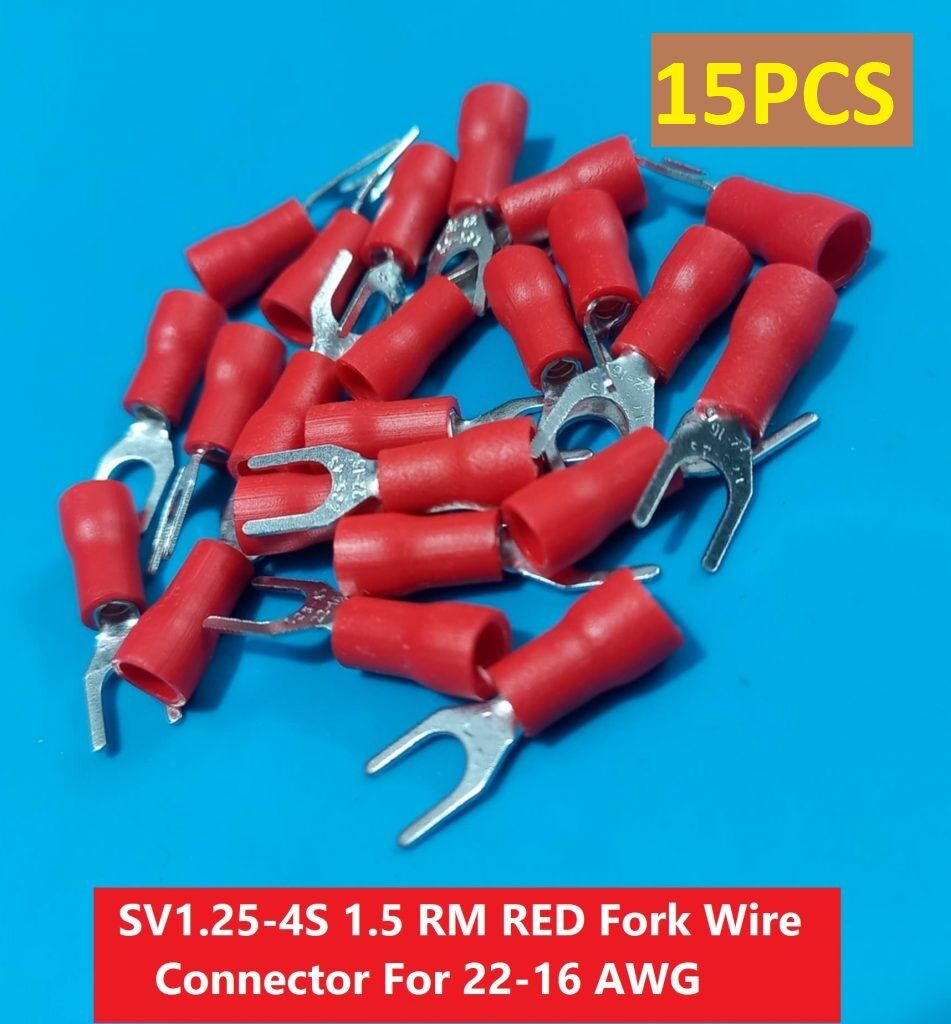 Picture of 15PCS-SV1.25-4S 1.5 RM RED Insulated Fork Wire Connector Terminal For 22-16 AWG Wire 1.25-4S U-Type Crimp Insulated Fork Spade Terminals Quick Splice Wire Battery Cable Ends Cables Connectors
