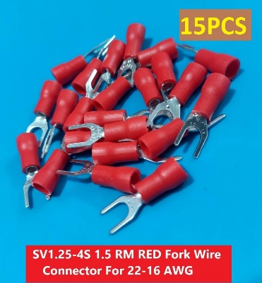 Picture of 15PCS-SV1.25-4S 1.5 RM RED Insulated Fork Wire Connector Terminal For 22-16 AWG Wire 1.25-4S U-Type Crimp Insulated Fork Spade Terminals Quick Splice Wire Battery Cable Ends Cables Connectors
