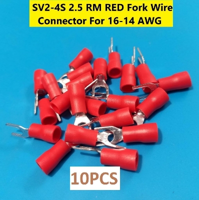 Picture of 10PCS- 2.5 RM SV2-4S SV2-4S 2.5 RM RED Insulated Fork Wire Connector Terminal For 16-14 AWG Wire 2-4S U-Type Crimp Insulated Fork Spade Terminals Quick Splice Wire Battery Cable Ends Cables Connectors